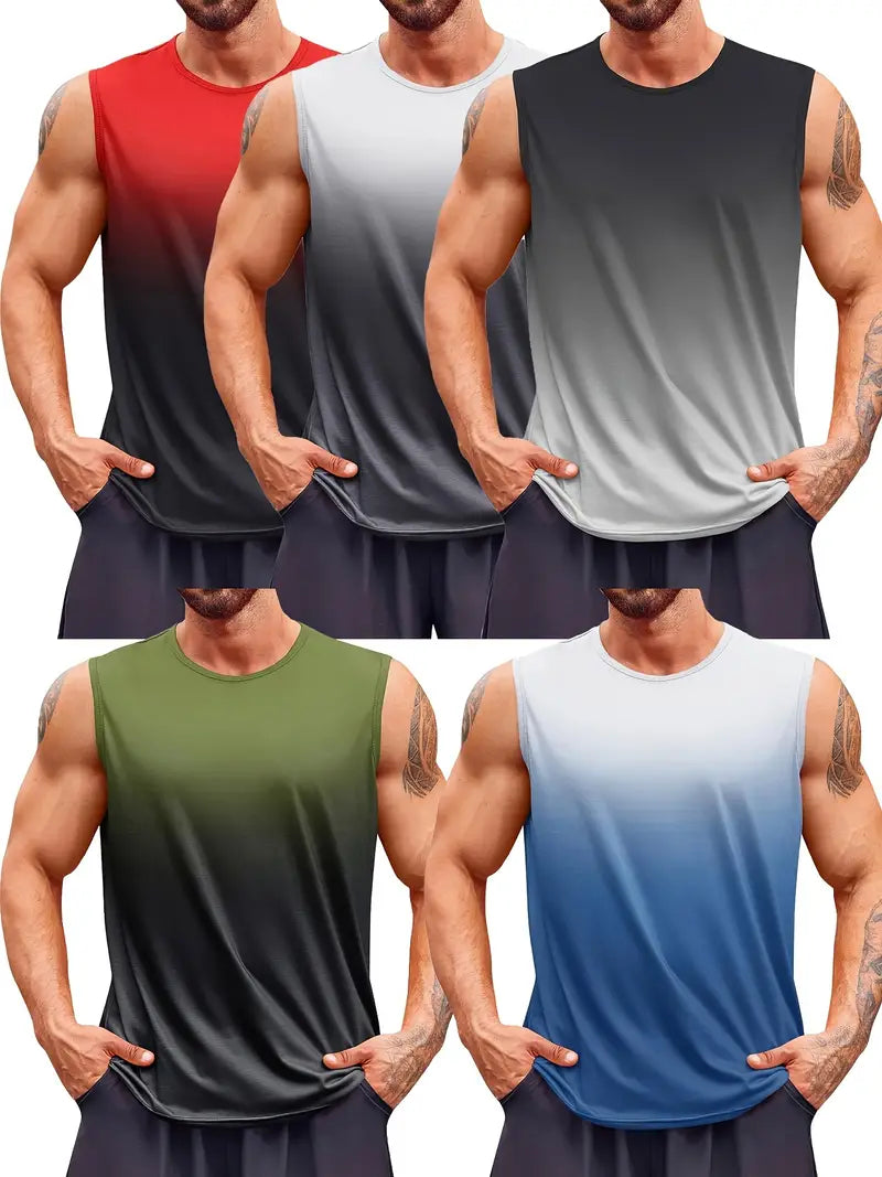 5Pieces Mens Sleeveless Tank Fitness Muscle Workout T Shirt Round Neck Gradient Everyday Sports Vest T Shirt Tops-SNO-65