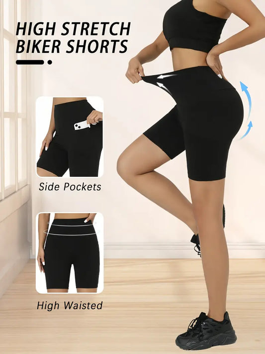 5 Pack 5" High Waisted Biker Shorts For Women With Pockets, Super Soft Tummy Control No See Through Workout Running Yoga Athletic Shorts, 6"Inseam-SNO-25