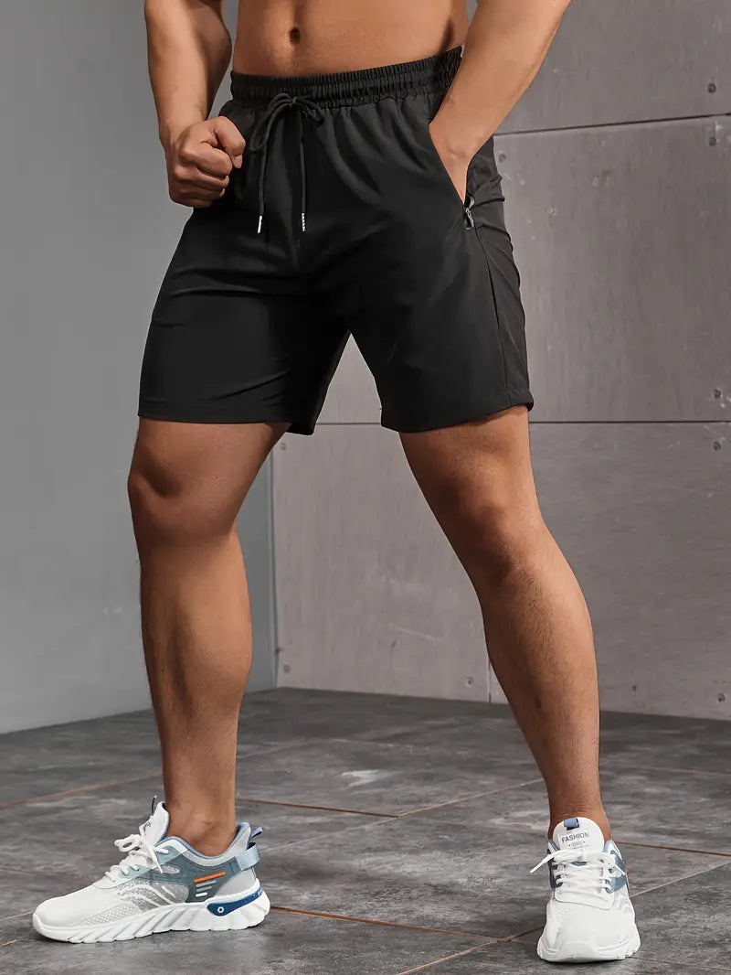 Men's Solid Color Regular Fit Shorts With Drawstring And Dual Zippered Front Pockets, Casual And Quick Dry Sports Shorts Suitable For Summer Fitness And Outdoors Activities-SNO-76