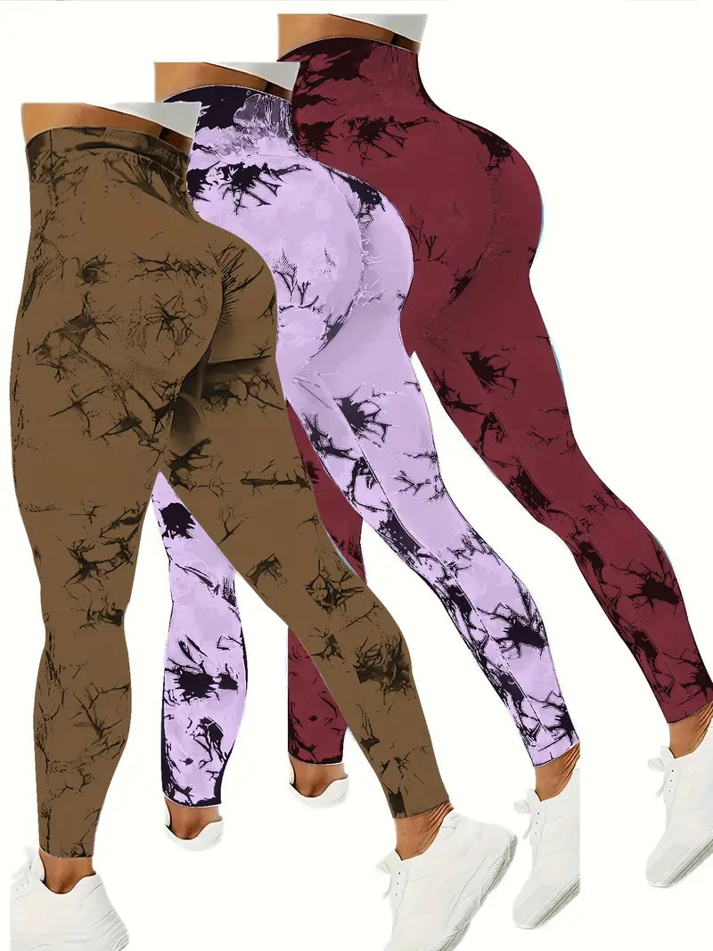 3 Pack Tie Dye Seamless High Waist Workout Leggings For Women, Scrunch Butt Lifting Yoga Gym Athletic Pants-SNO-12