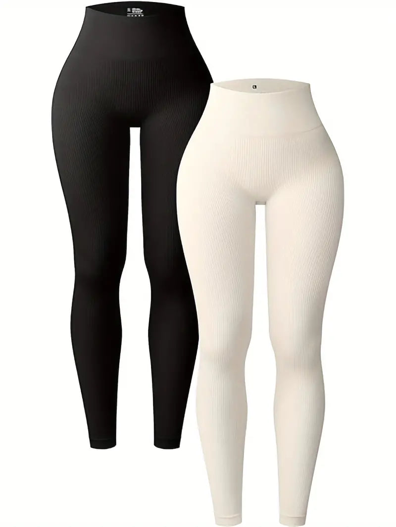 2-Pack Seamless Women's High Waisted Yoga Leggings Comfort Stretch Ribbed Workout Pants, Athletic Tights For Women-SNO-30