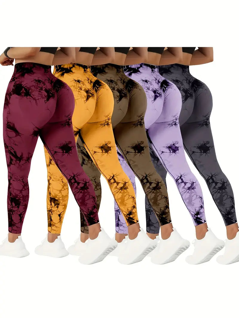 5-Pack High Waist Tummy Control Yoga Pants - Women's Summer Fitness Pants with Tie-Dye Print, Stretchy Running and Workout Tights, Assorted Colors, Peach Lift and Comfortable Fit-SNO-20