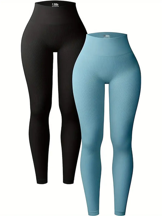 2-Pack Seamless Women's High Waisted Yoga Leggings Comfort Stretch Ribbed Workout Pants, Athletic Tights For Women-SNO-30