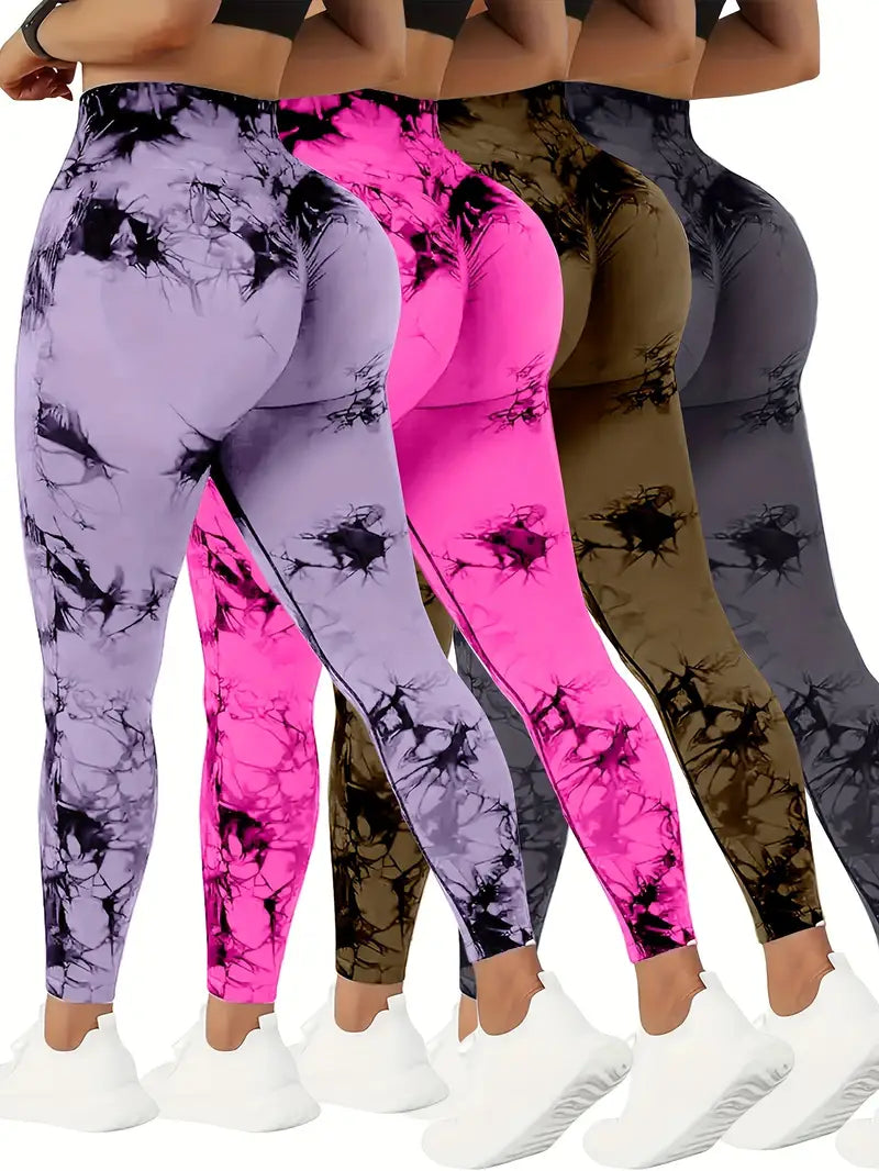 4pcs Vibrant Tie Dye High Waist Sports Leggings - Comfortable, Sweat-Wicking, Four-Way Stretch Fitness Pants for Women - Ideal for Running, Workout, Yoga, and Daily Wear-SNO-21