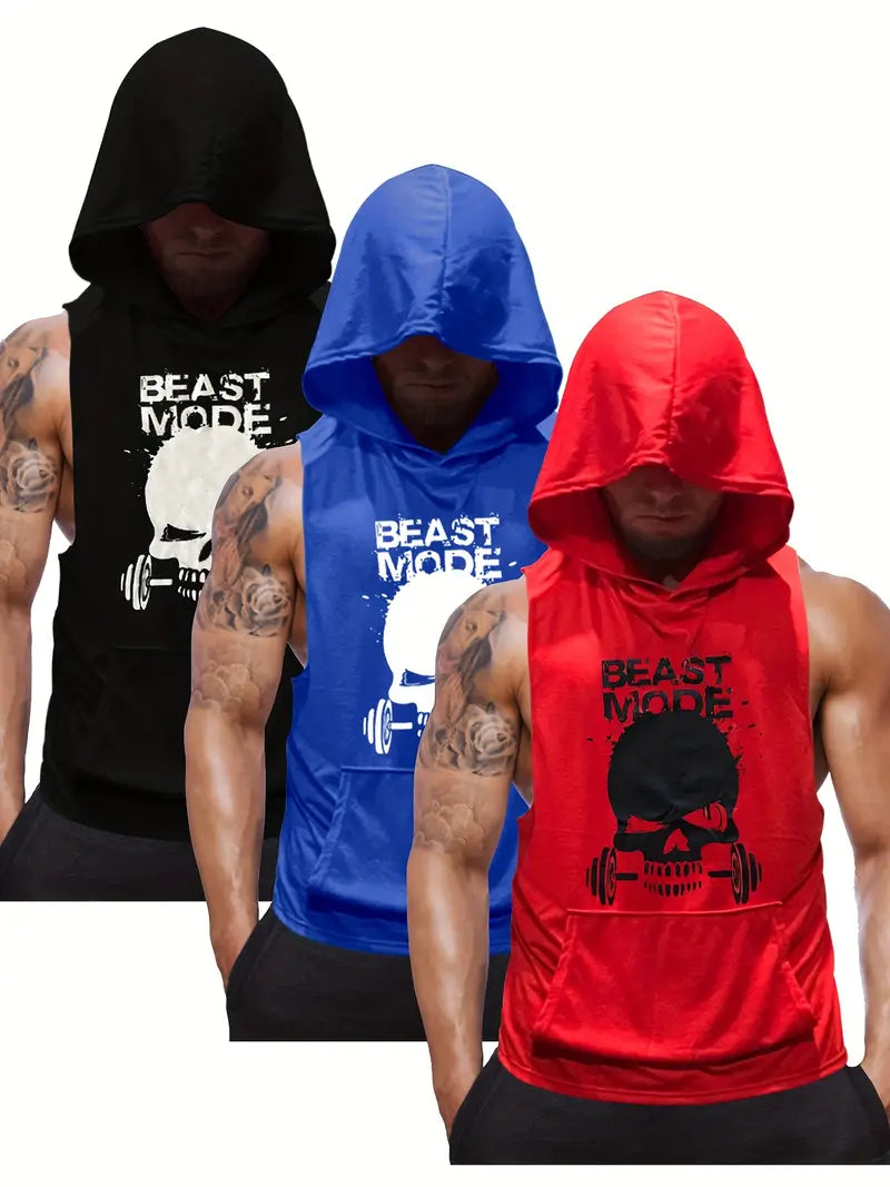 3pcs Men's Sleeveless Hooded Stringers Workout Tank Tops Skull Bodybuilding Workout Shirts-SNO-64