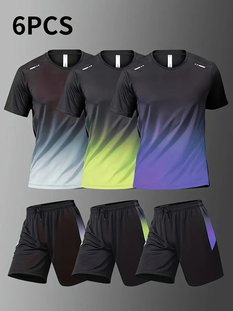 6-piece Combo Men's Summer Basketball Training Running Set, Gradient Short Sleeve T-shirt And Quick-drying Shorts Set-SNO-60