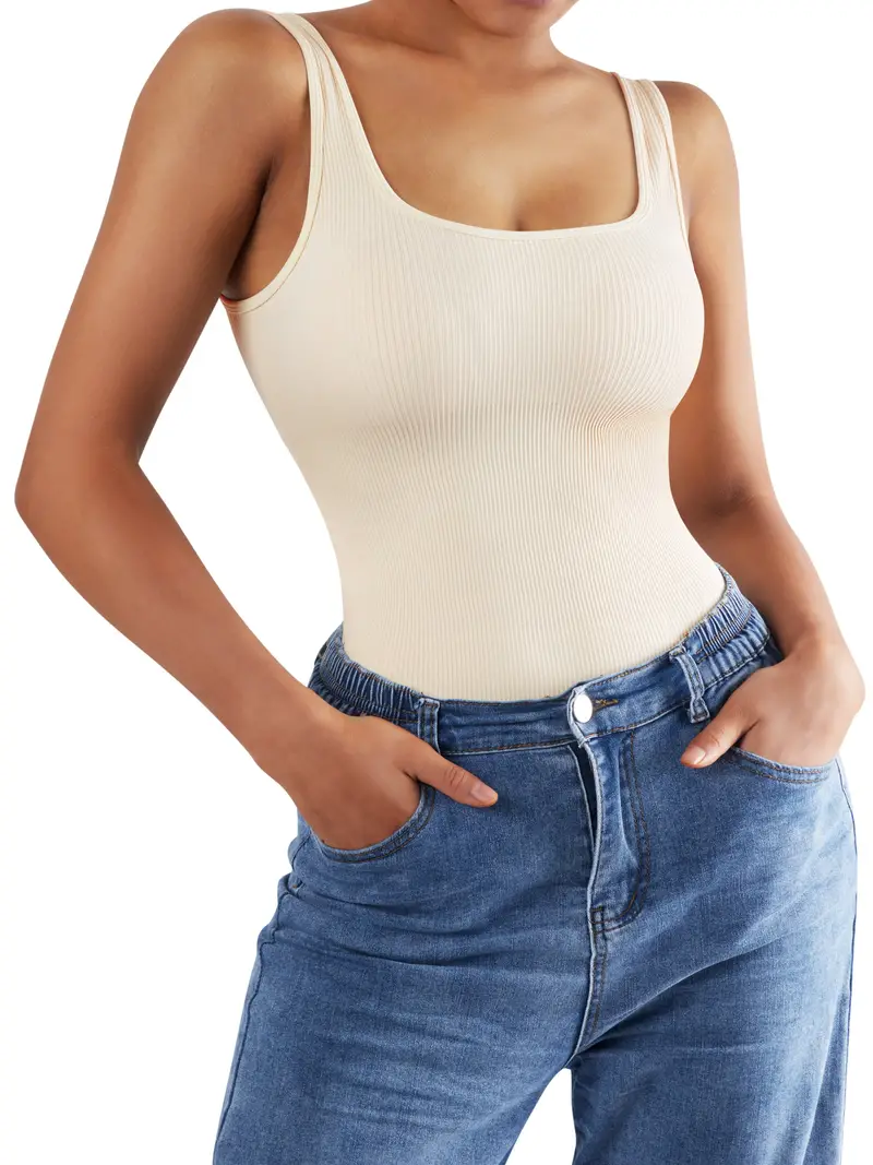 Ribbed Sleeveless Square Neck Tummy Control Bodysuit