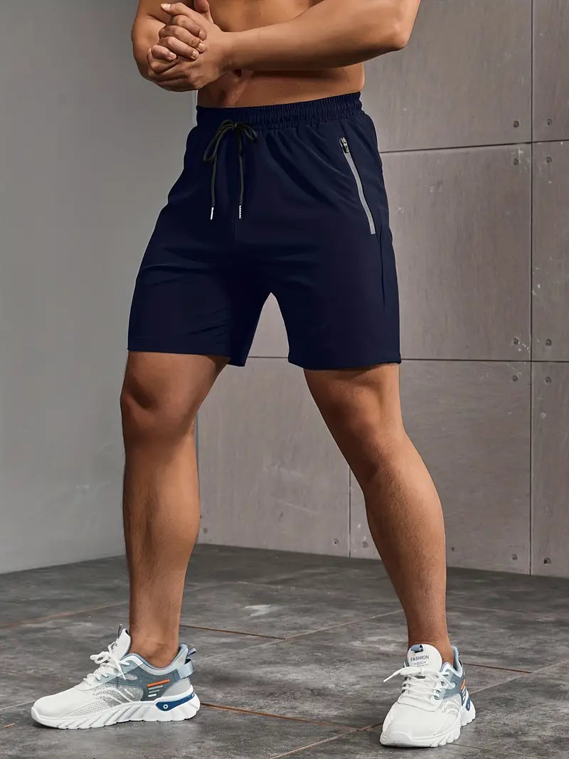 Men's Solid Color Regular Fit Shorts With Drawstring And Dual Zippered Front Pockets, Casual And Quick Dry Sports Shorts Suitable For Summer Fitness And Outdoors Activities-SNO-76