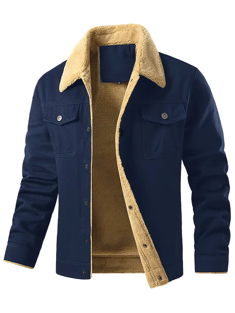 Stylish Men's Fleece-Lined Cotton Jacket - Soft Sherpa Collar, Button-Up Closure, Multiple Functional Pockets for Casual Workwear, Outdoor Activities, and Daily Wear - Premium Quality, Comfortable, and Versatile Outerwear-SNO-81