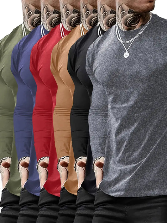 6-piece men's spring and autumn regular fit long-sleeved simple basic T-shirts fashion casual sports outing tops-SNO-74