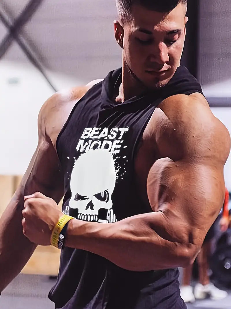 3pcs Men's Sleeveless Hooded Stringers Workout Tank Tops Skull Bodybuilding Workout Shirts-SNO-64