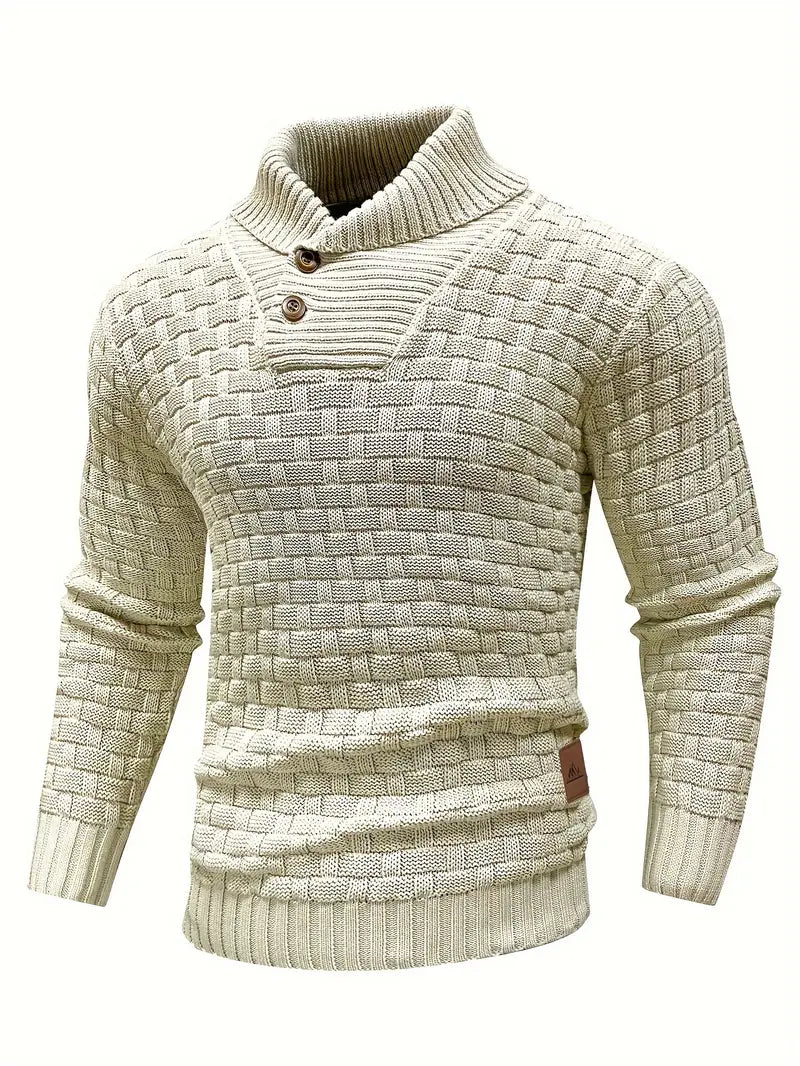 Mens Classic Waffle Knit Shawl Collar Sweater - Stylish Button Detail, Comfort Fit Pullover for Office to Everyday - Soft, Versatile & All-Season Wear-SNO-85