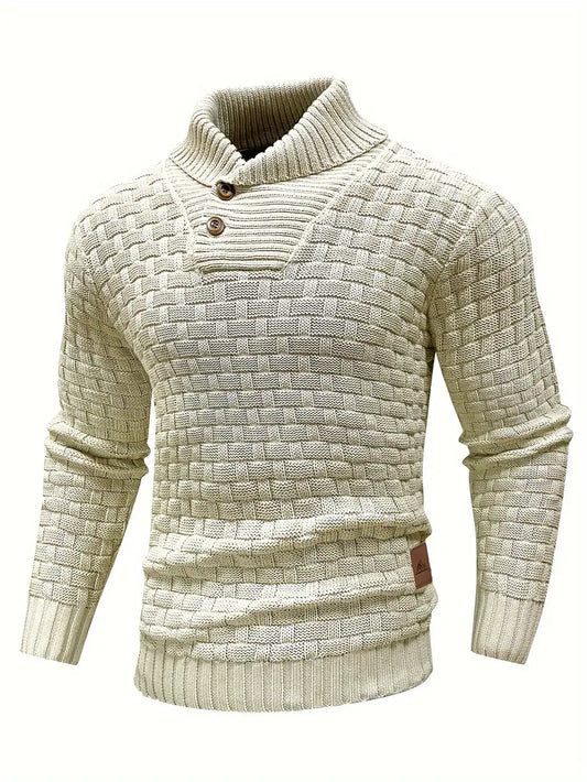 Mens Classic Waffle Knit Shawl Collar Sweater - Stylish Button Detail, Comfort Fit Pullover for Office to Everyday - Soft, Versatile & All-Season Wear-SNO-85