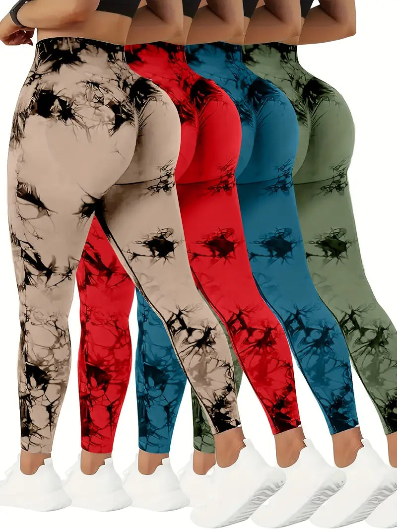 4pcs Vibrant Tie Dye High Waist Sports Leggings - Comfortable, Sweat-Wicking, Four-Way Stretch Fitness Pants for Women - Ideal for Running, Workout, Yoga, and Daily Wear-SNO-21