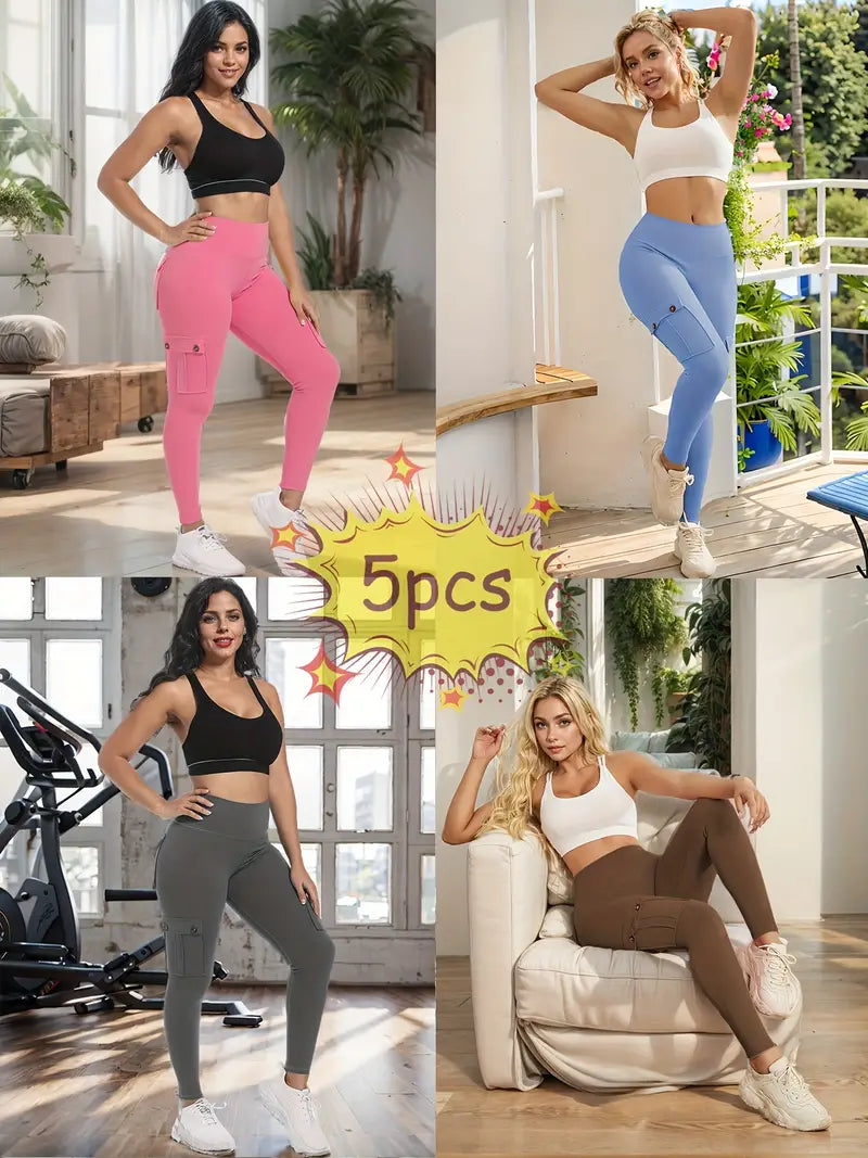 5-Packs High Waist Yoga Leggings With 4 Button Pockets, Multipack Butt Lifting Tummy Control Workout Running 4 Way Stretch Cargo Sports Pants, 5pcs Leggings Set-SNO-46