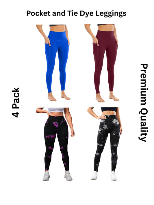 4 Pack Women's High Waisted Tie Dye and Pocket Leggings, Ideal for Sports and Casual Clothing