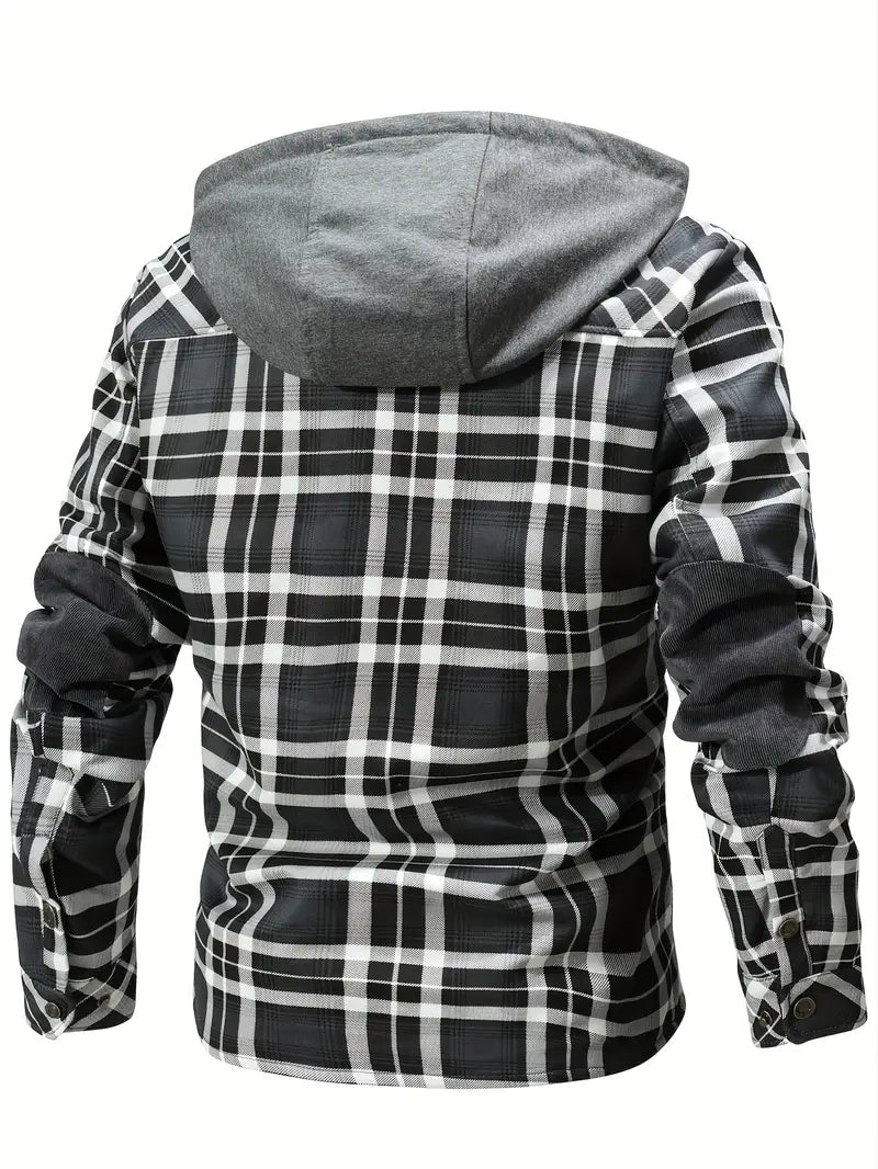 Mens Plaid Quilted Hooded Jacket with Luxurious Sherpa Lining - Stylish Casual Button Down Design - Ultra-Cozy Fleece Winter Coat for Premium Warmth and Fashionable Outerwear-SNO-82