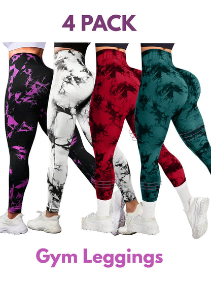 4 PK Women's High Waist Tummy Control Butt Lifting Tie Dye Gym and Regular Wear Leggings