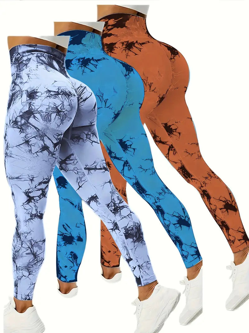 3 Pack Tie Dye Seamless High Waist Workout Leggings For Women, Scrunch Butt Lifting Yoga Gym Athletic Pants-SNO-12