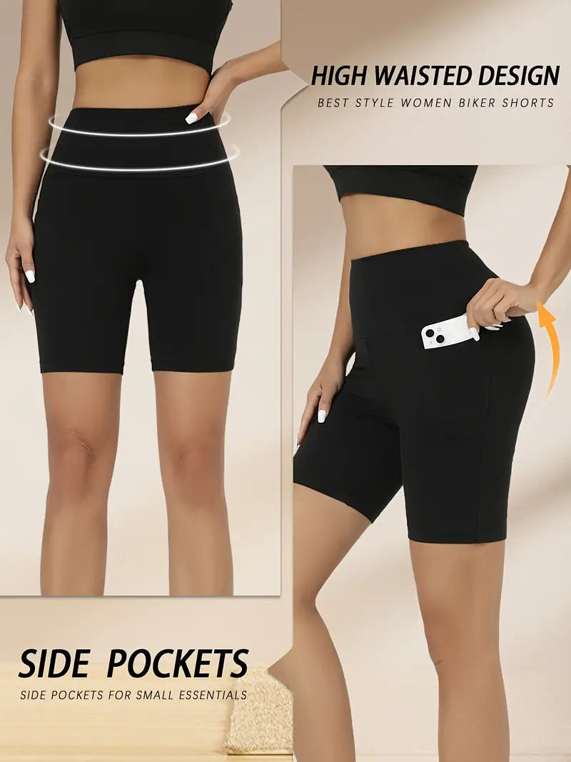 5 Pack 5" High Waisted Biker Shorts For Women With Pockets, Super Soft Tummy Control No See Through Workout Running Yoga Athletic Shorts, 6"Inseam-SNO-25