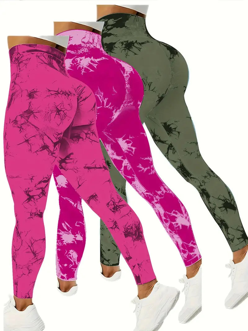 3 Pack Tie Dye Seamless High Waist Workout Leggings For Women, Scrunch Butt Lifting Yoga Gym Athletic Pants-SNO-12