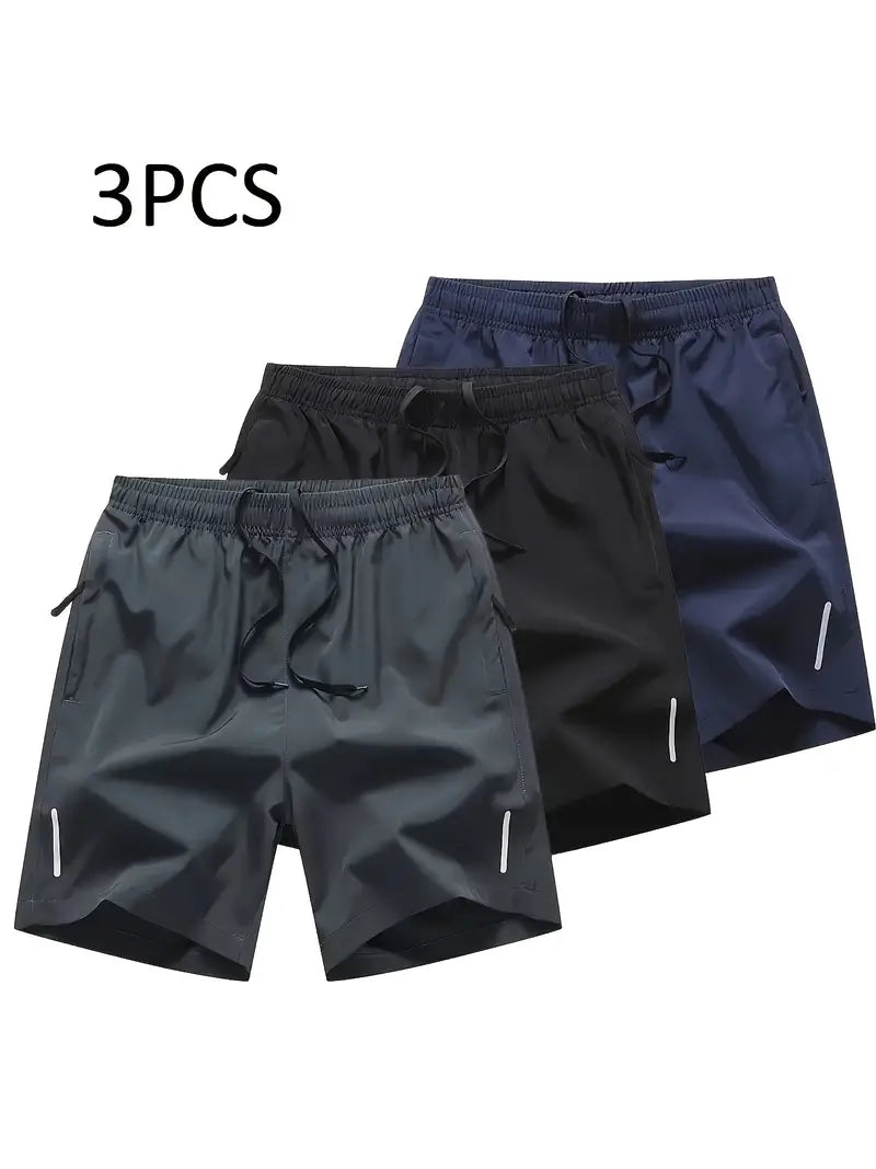 3pcs Men's Solid Fashion Active Shorts, Drawstring Shorts With Zipper Pockets For Summer Training, Summer Daily-SNO-52