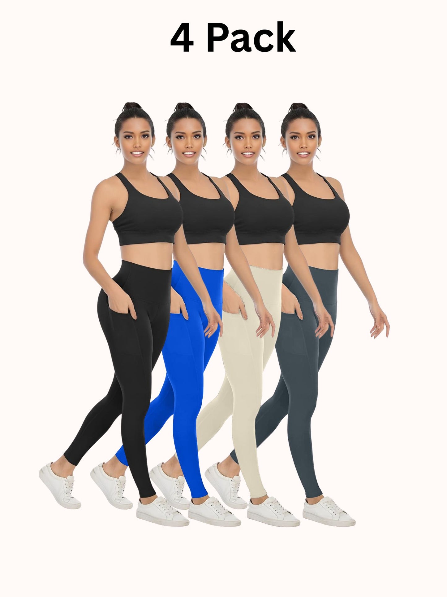4 Pack Women's High Waisted Yoga Pants with Pockets, Ideal for Sports and Casual Clothing