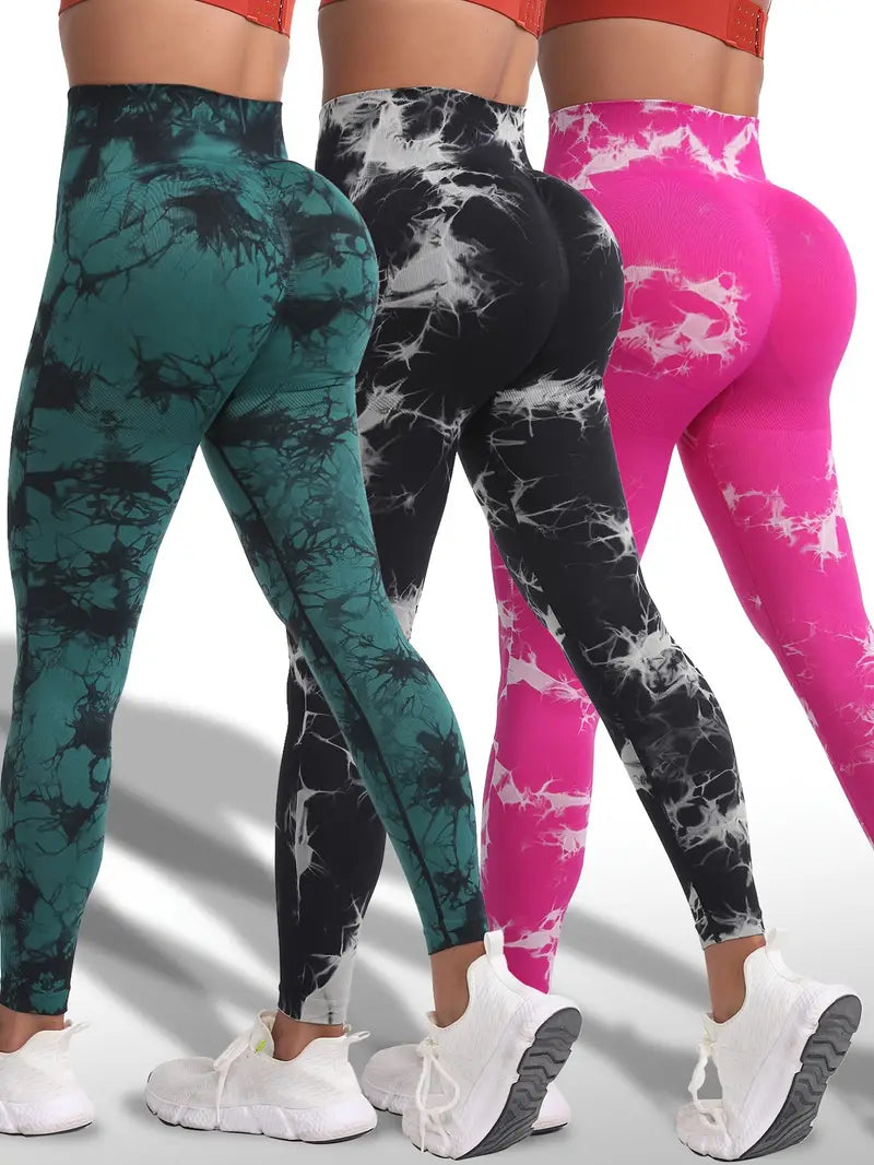 3pcs Tie Dye Trousers Spring And Autumn Seamless High Waisted Elastic Women's Sports Tights Hip Twist Lifting Yoga Pants-SNO-29