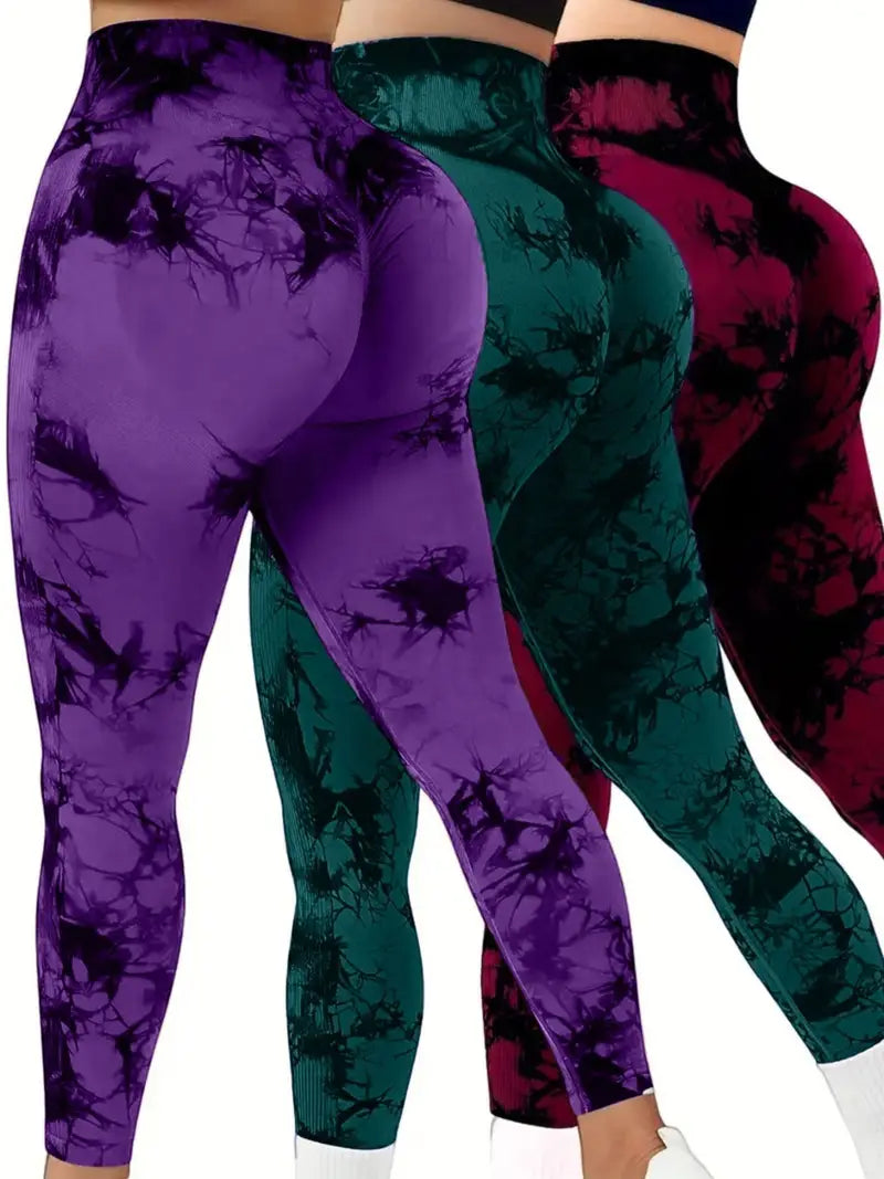 3 PACK Women's High Waist Tummy Control Leggings Tie-Dye Yoga Pants, Seamless Sport Leggings, Butt Lifting Workout Tights for Gym and Daily Wear-SNO-42