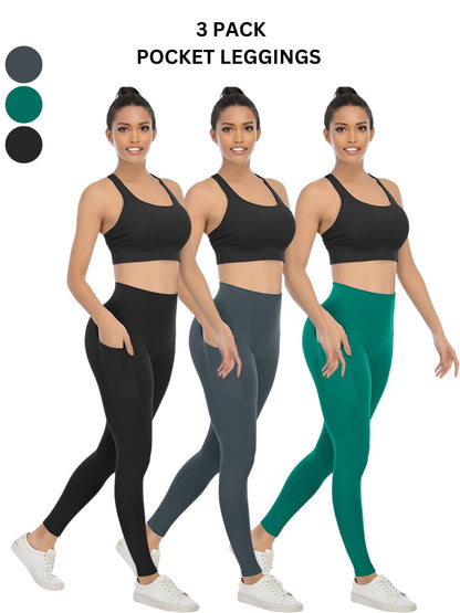 3 Pack Women's High Waisted Yoga Pants with Pockets, Ideal for Sports and Casual Clothing