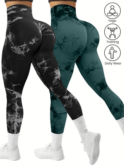2 PK Women's High Waist Tie Dye Tummy Control Butt Lifting Leggings