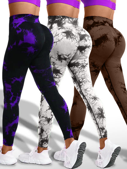 3 PK Women's High Waist Tummy Control Butt Lifting Tie Dye Gym and Regular Wear Leggings