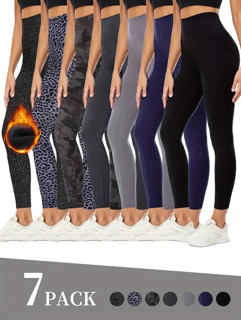 7-Pack Women's Fleece Lined Leggings, Ultra Soft, Stretchy, And Warm Full-Length Yoga Pants For Winter Hiking, Running, And Fashionable Activewear - Warm Winter Thermal Workout Leggings - Assorted Colors And Sizes-SNO-6