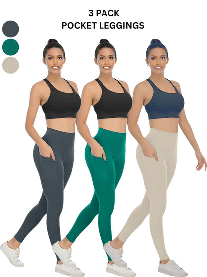 3 Pack Women's High Waisted Yoga Pants with Pockets, Ideal for Sports and Casual Clothing
