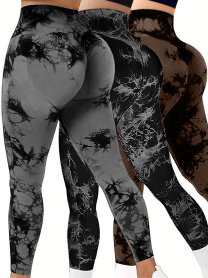 3 PK Women's High Waist Tummy Control Butt Lifting Tie Dye Leggings