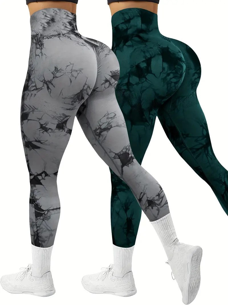 2 PK Women's High Waist Tie Dye Tummy Control Butt Lifting Leggings
