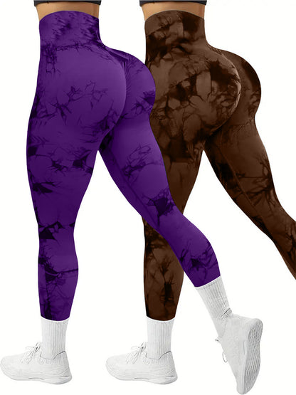 2 PK Women's High Waist Tie Dye Tummy Control Butt Lifting Leggings