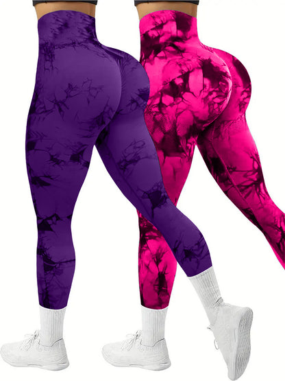 2 PK Women's Tie Dye High Waist Tummy Control Butt Lifting Leggings