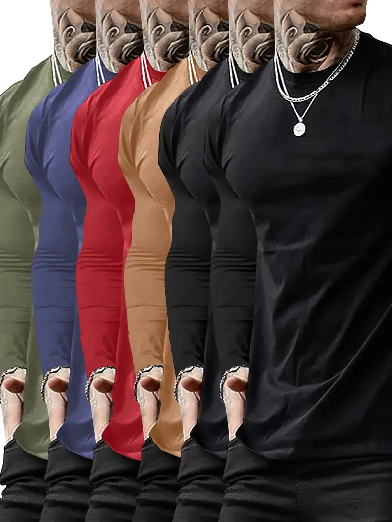 6-piece men's spring and autumn regular fit long-sleeved simple basic T-shirts fashion casual sports outing tops-SNO-74