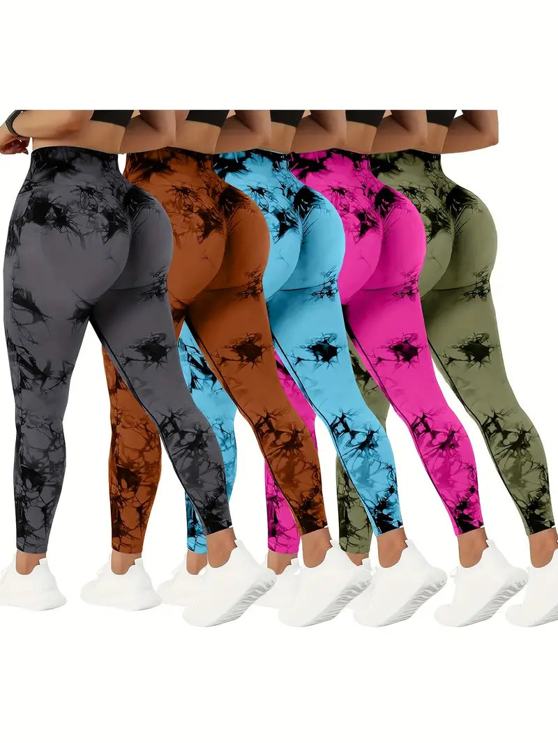 5-Pack High Waist Tummy Control Yoga Pants - Women's Summer Fitness Pants with Tie-Dye Print, Stretchy Running and Workout Tights, Assorted Colors, Peach Lift and Comfortable Fit-SNO-20