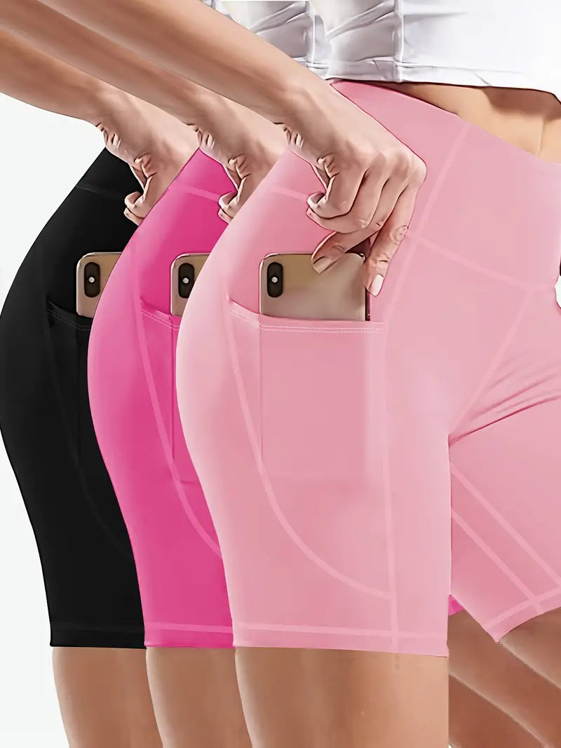 3-Pack High-Stretch Womens High-Waisted Yoga Shorts - Quick-Dry, Breathable, Compression Sportswear with Side Pockets for Outdoor Athletic Activities - Polyester Solid Color Knit Fabric, All-Season Wear, No Sheer, No Printing--SNO-32