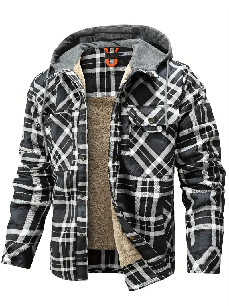 Mens Plaid Quilted Hooded Jacket with Luxurious Sherpa Lining - Stylish Casual Button Down Design - Ultra-Cozy Fleece Winter Coat for Premium Warmth and Fashionable Outerwear-SNO-82