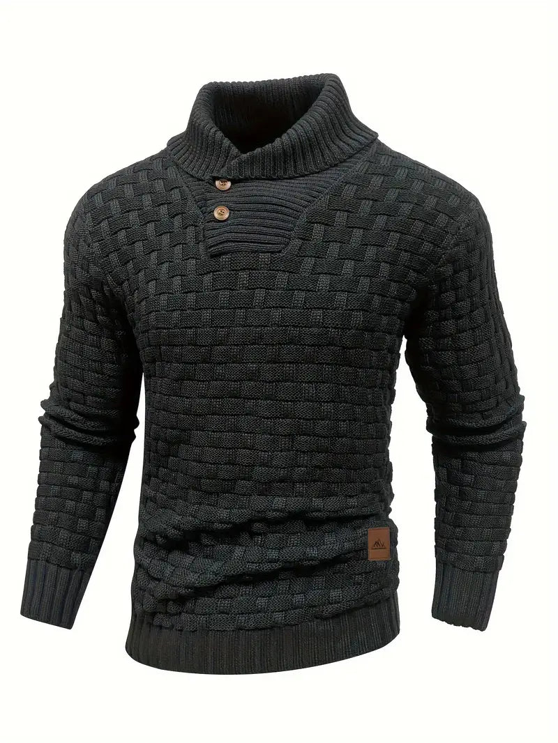 Mens Premium Buttoned Turtleneck Waffle Knit Sweater - Stylish Casual to Business Commuter - Ultra-Comfortable, Warm & Refined Pullover for Effortless Fall & Winter Style-SNO-90