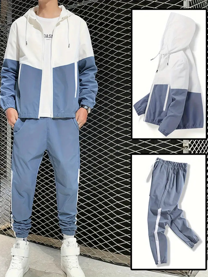 2-Piece Men's Fashion Sports Suit - Sweatsuits with Hooded Jacket and Pants, Color Blocking Design, Spring and Autumn Wear, Youth Fashion Trend, Casual and Comfortable-SNO-51