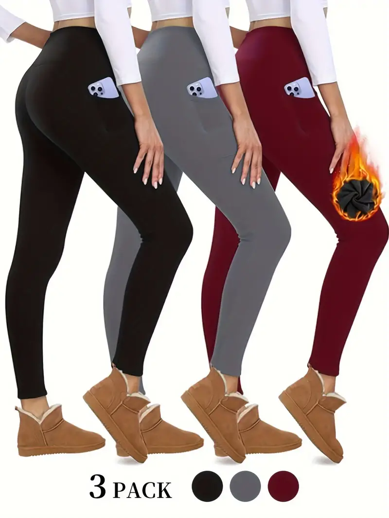 3 Pack Women's Fleece Lined Leggings With Pockets - High Waist Winter Thermal Warm Workout Running Yoga Pants-SNO-3