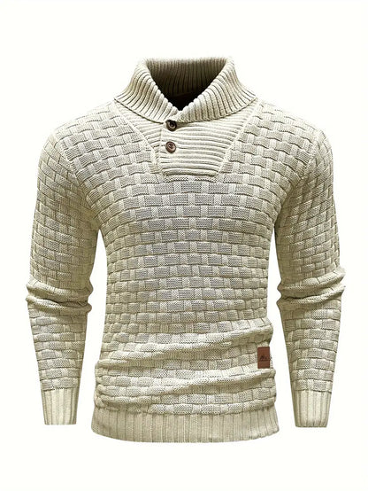 Mens Classic Waffle Knit Shawl Collar Sweater - Stylish Button Detail, Comfort Fit Pullover for Office to Everyday - Soft, Versatile & All-Season Wear-SNO-85