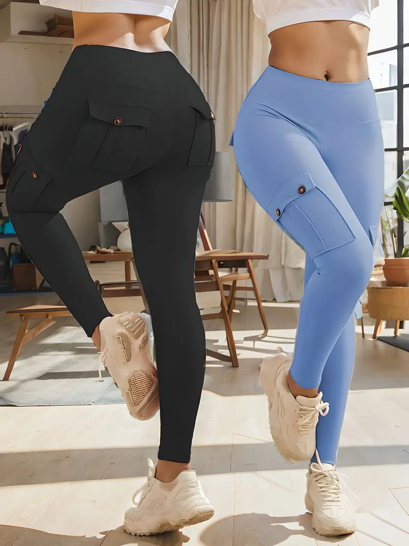 2-Pack High-Waisted Yoga - Tummy Control Leggings, Lifted Butt, 4 Buttoned Pockets, Moisture-Wicking, Breathable, Four-Way Stretch Fitness Pants for Running, Gym, and Yoga Enthusiasts-SNO-45