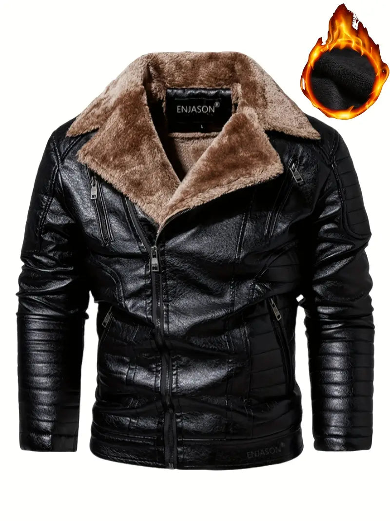 Men's Winter Velvet PU Leather Jacket Men's Fur Integrated Men's Leather Jacket Jacket Tough Guy Biker Jacket-SNO-71