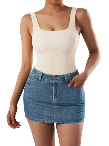 Ribbed Sleeveless Square Neck Tummy Control Bodysuit