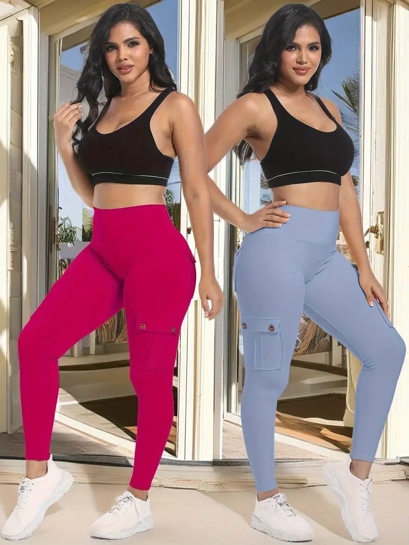 2-Pack High-Waisted Yoga - Tummy Control Leggings, Lifted Butt, 4 Buttoned Pockets, Moisture-Wicking, Breathable, Four-Way Stretch Fitness Pants for Running, Gym, and Yoga Enthusiasts-SNO-45